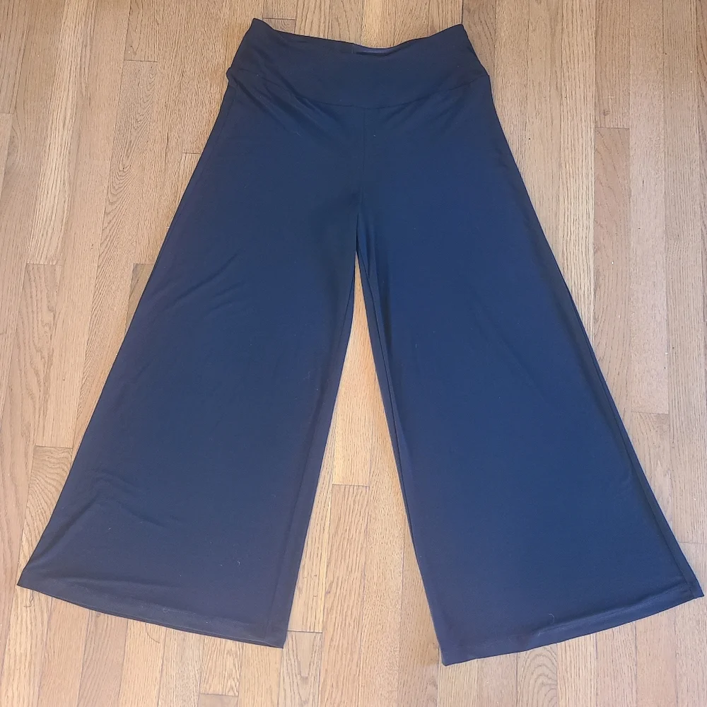 Black Wide Leg Jersey Knit Pants Women's Size L Mid Rise Pull On Casual